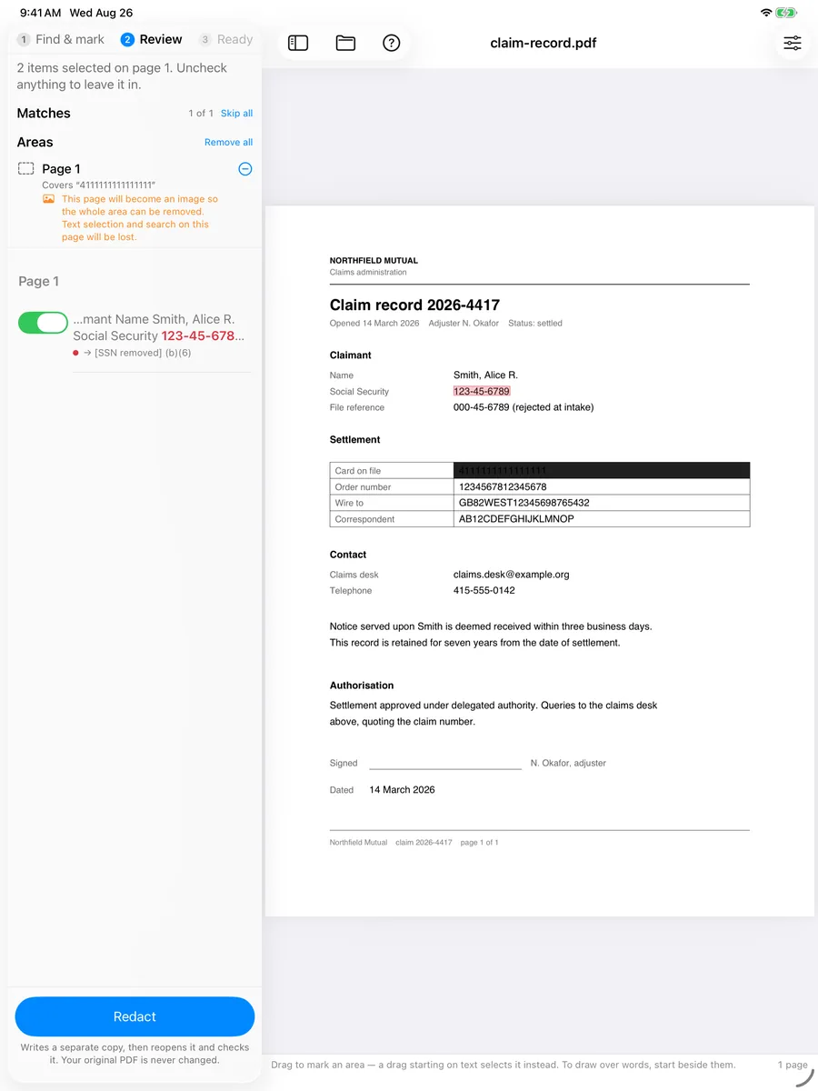 Excise PDF on iPad: a rectangle drawn by finger over a table row, with the Areas panel naming what it covers and the review list showing the match it also caught.