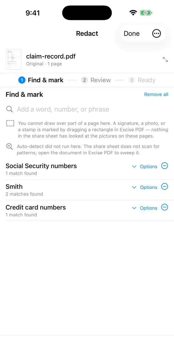 The share extension on iPhone: every match listed with the words around it, the page it is on and the replacement it will get, above a button naming how many matches will be removed and a note that a copy is written, reopened and checked while the original is not changed.