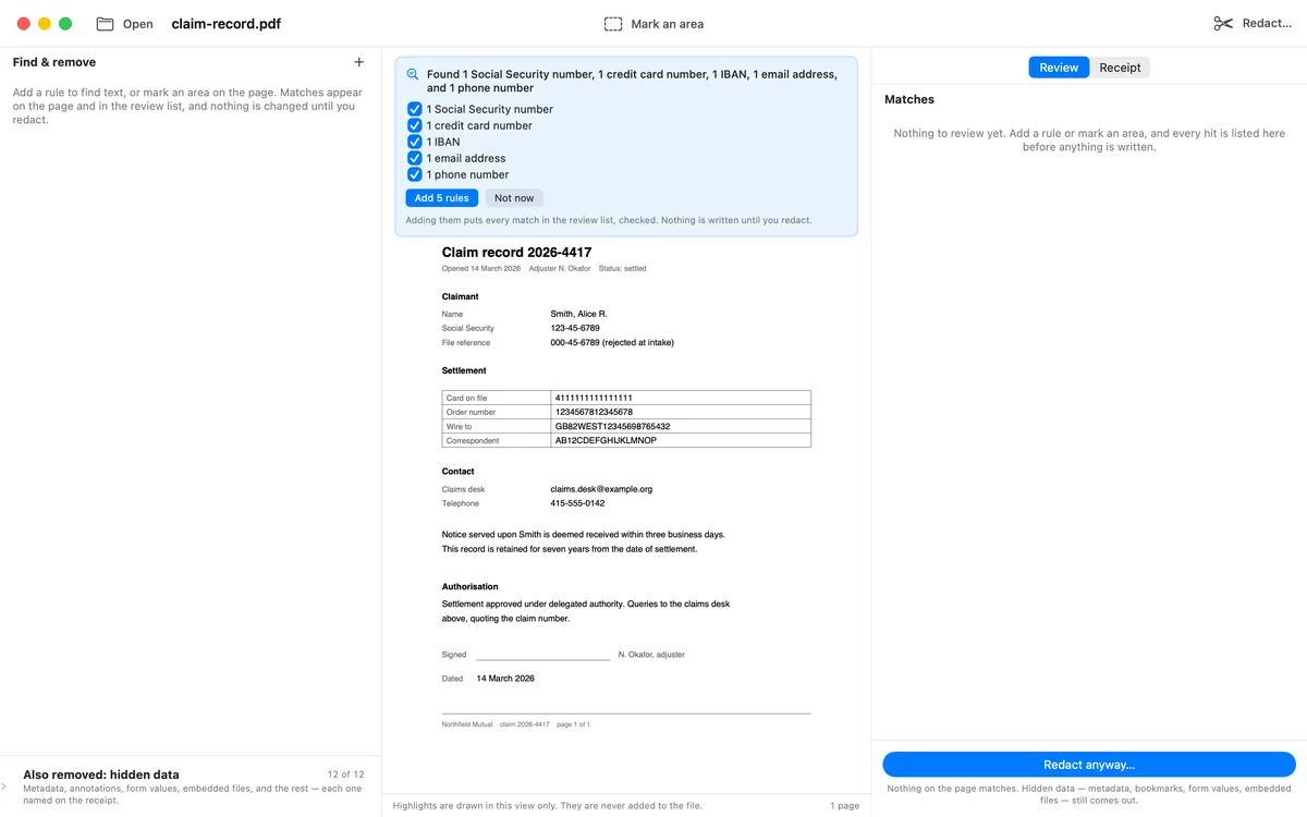 The proposal card at the top of the rules sidebar, listing what a sweep of this document found by kind, each with a checkbox, above an Add rules button and a note that nothing is written until you redact.