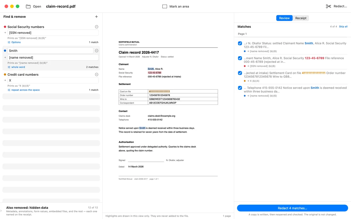 Rules in the sidebar with their replacements and exemption codes, the document in the middle, and every match listed on the right in the sentence it appears in.