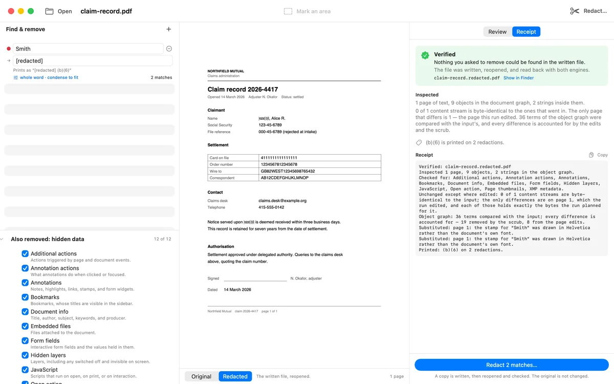 The Also remove list showing all twelve hidden-data categories switched on, beside the written file's receipt naming every category it checked.