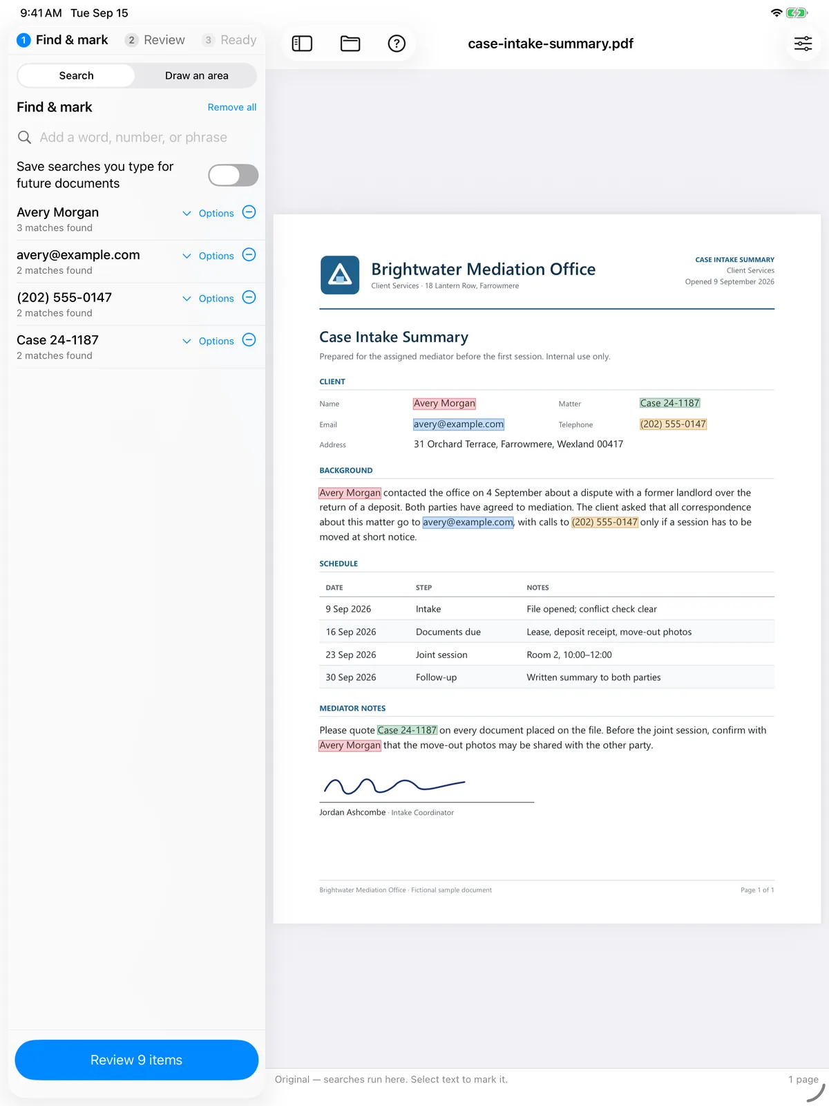 Excise PDF on iPad: four searches for a name, email, phone number, and case number, with 3, 2, 2, and 2 matches.