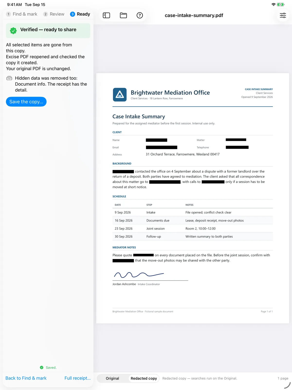 Excise PDF on iPad: the checked copy with a Verified result, alongside the document with nine redactions.