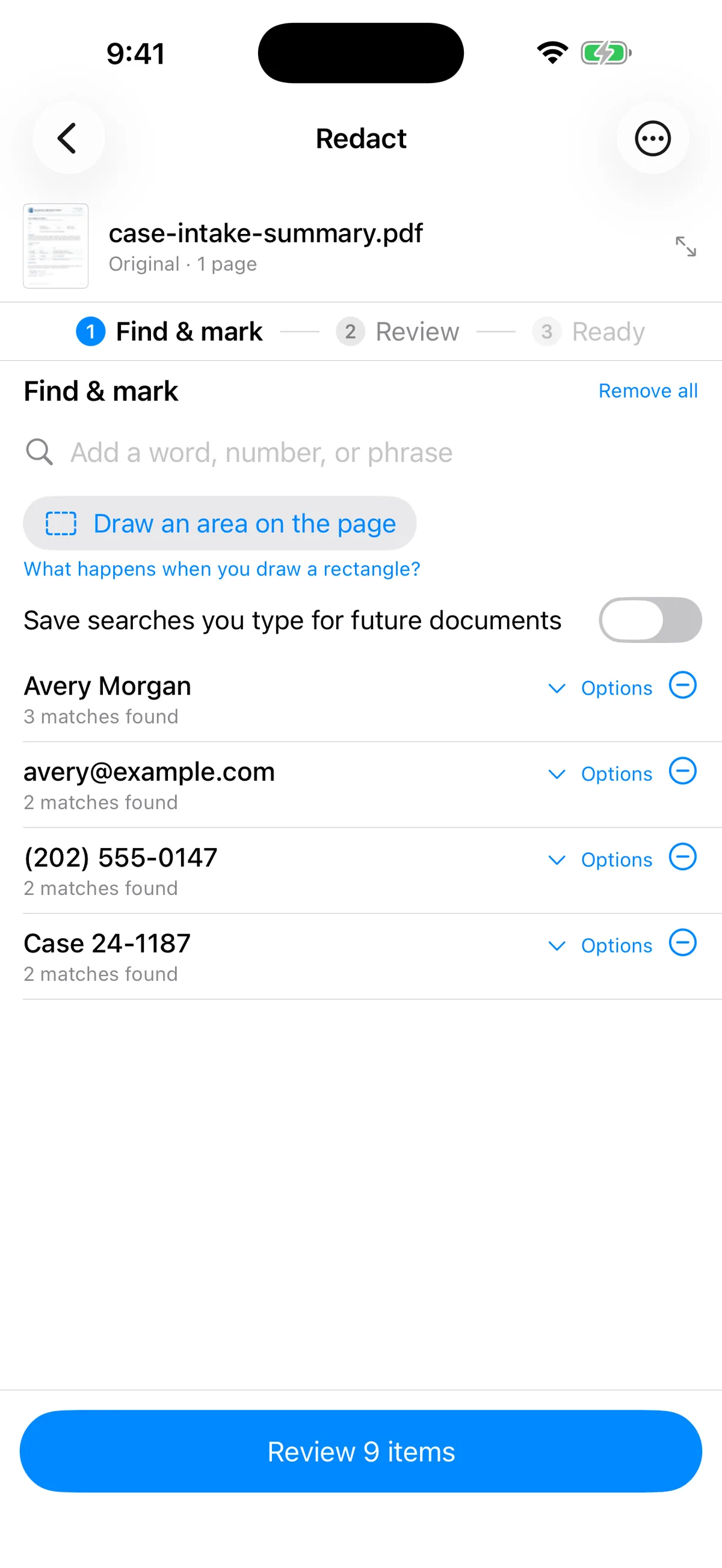 Excise PDF on iPhone: four searches for a name, email, phone number, and case number, with 3, 2, 2, and 2 matches.