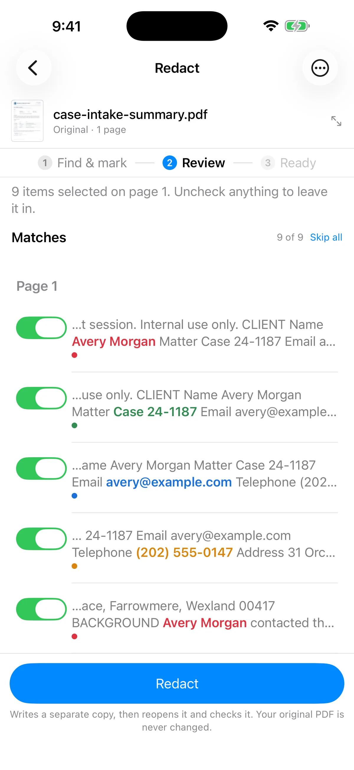 Excise PDF on iPhone: the same case intake summary at Review, with nine of nine matches selected.