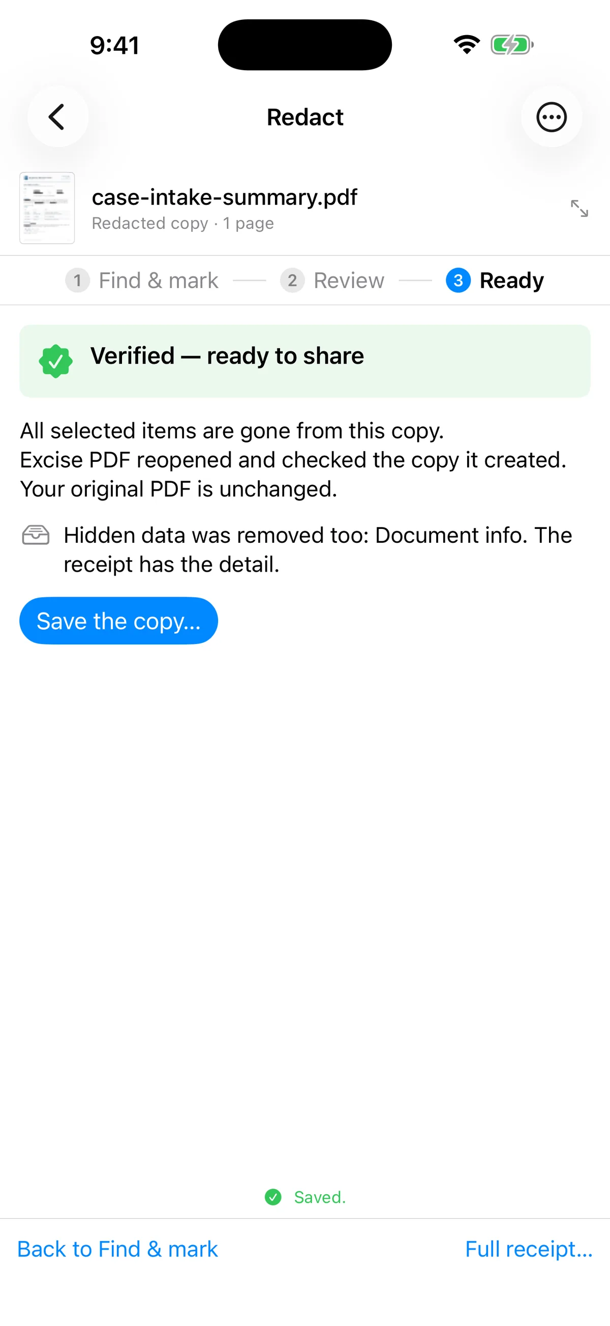 Excise PDF on iPhone: the checked copy with a Verified result and Saved confirmation.