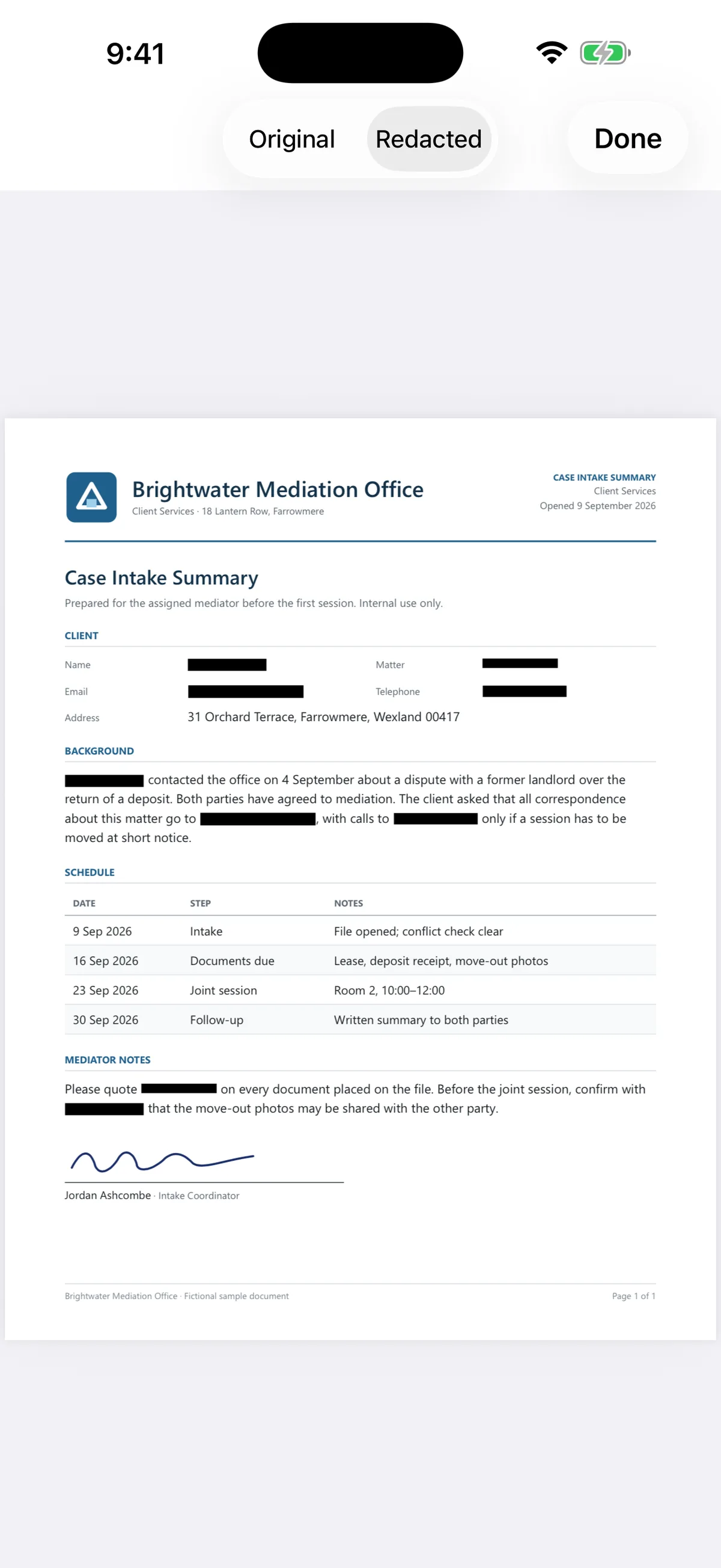Excise PDF on iPhone: the saved case intake summary with all nine selected matches blacked out.
